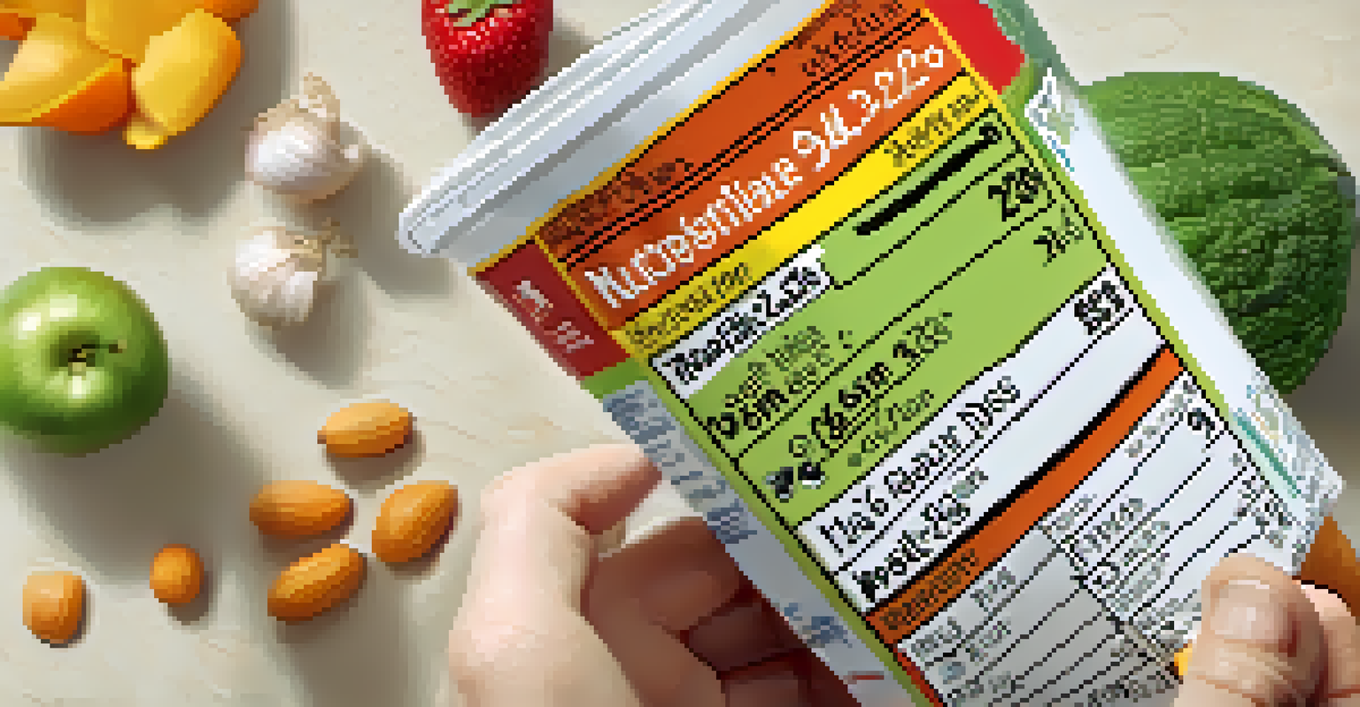 A close-up of a nutrition label on a food package with a hand pointing to important information, surrounded by healthy foods like grains, fruits, and vegetables.