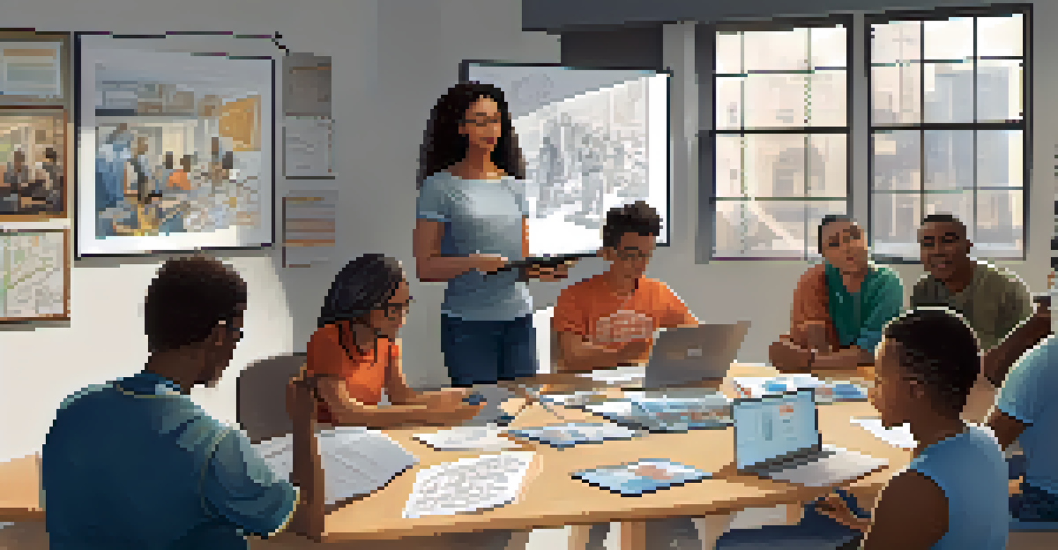 A mentor guiding a diverse group of participants around a table, fostering an inclusive workshop environment.
