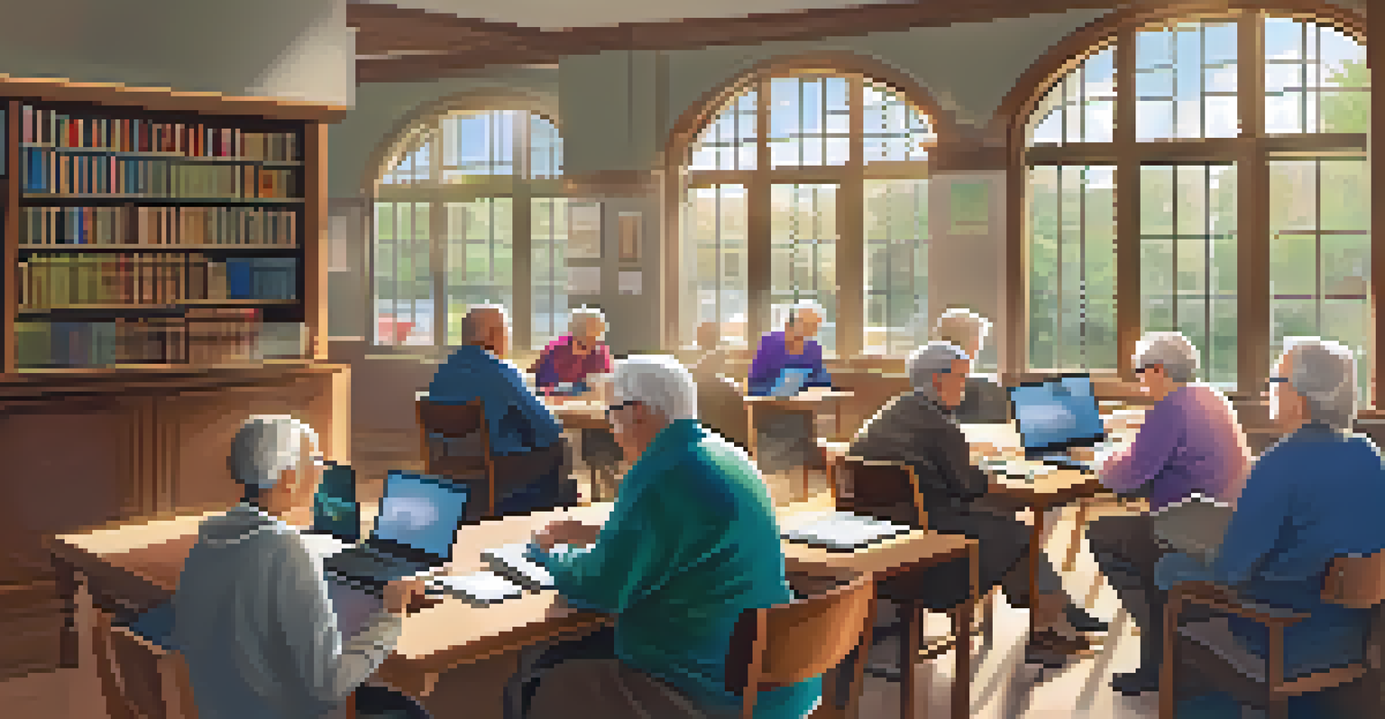 Retirees engaged in a digital literacy workshop in a warm library environment, with an instructor assisting them.