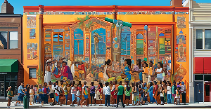 A diverse group of people working together on a colorful mural, symbolizing community collaboration and cultural expression.