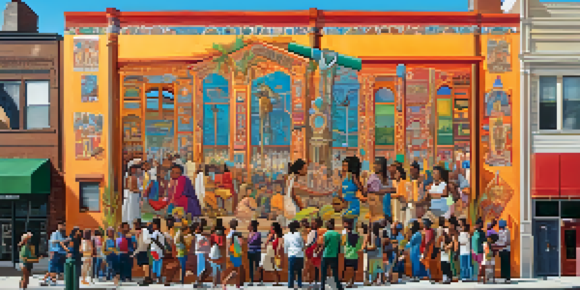 A diverse group of people working together on a colorful mural, symbolizing community collaboration and cultural expression.