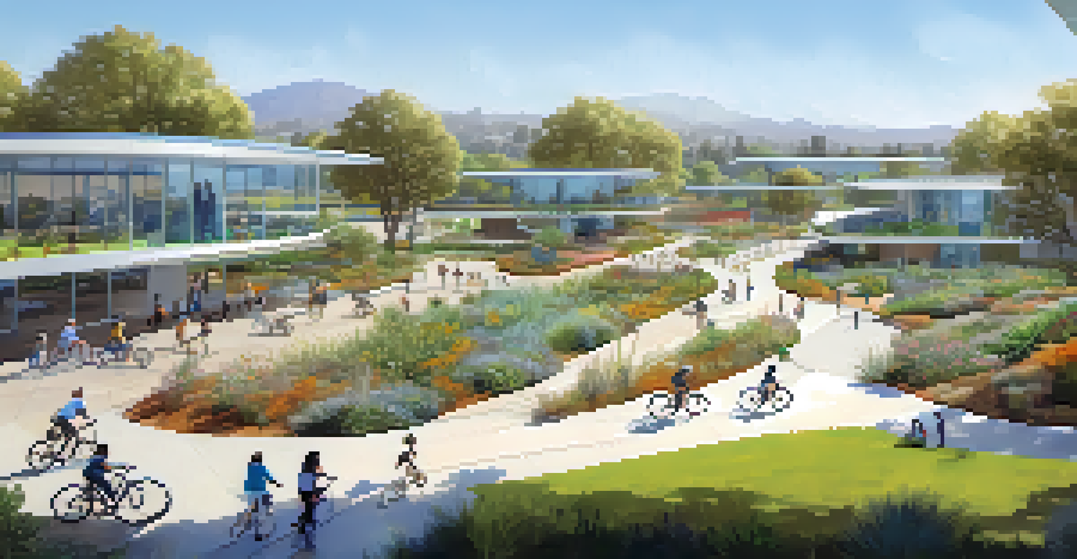 A modern, sustainable view of Cupertino with solar panels, green spaces, and active residents enjoying outdoor activities under a clear sky.