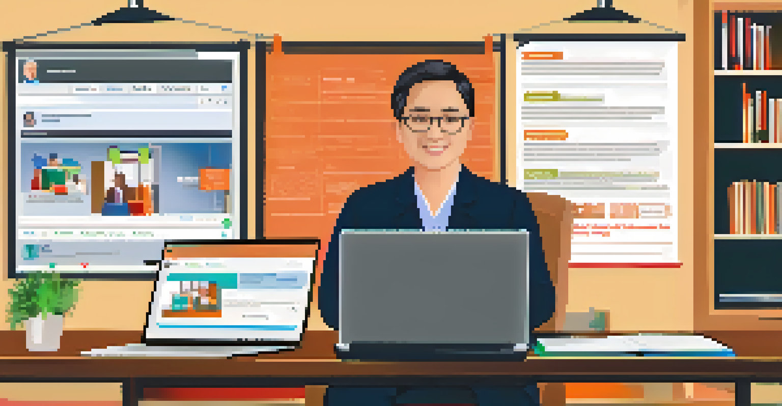 A local government official leading an online civic education webinar from a bright office, with a presentation visible on a laptop screen.