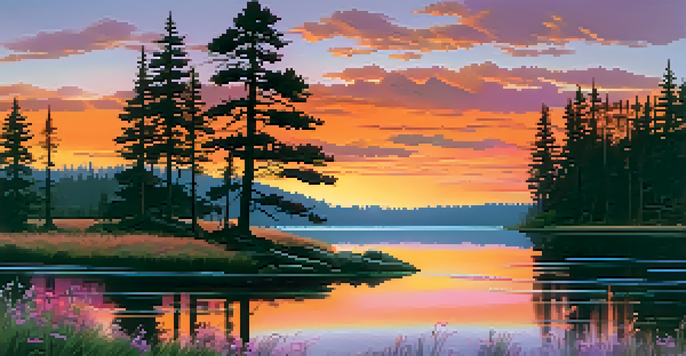 A peaceful sunset over a calm lake with silhouettes of pine trees and colorful wildflowers in the foreground.