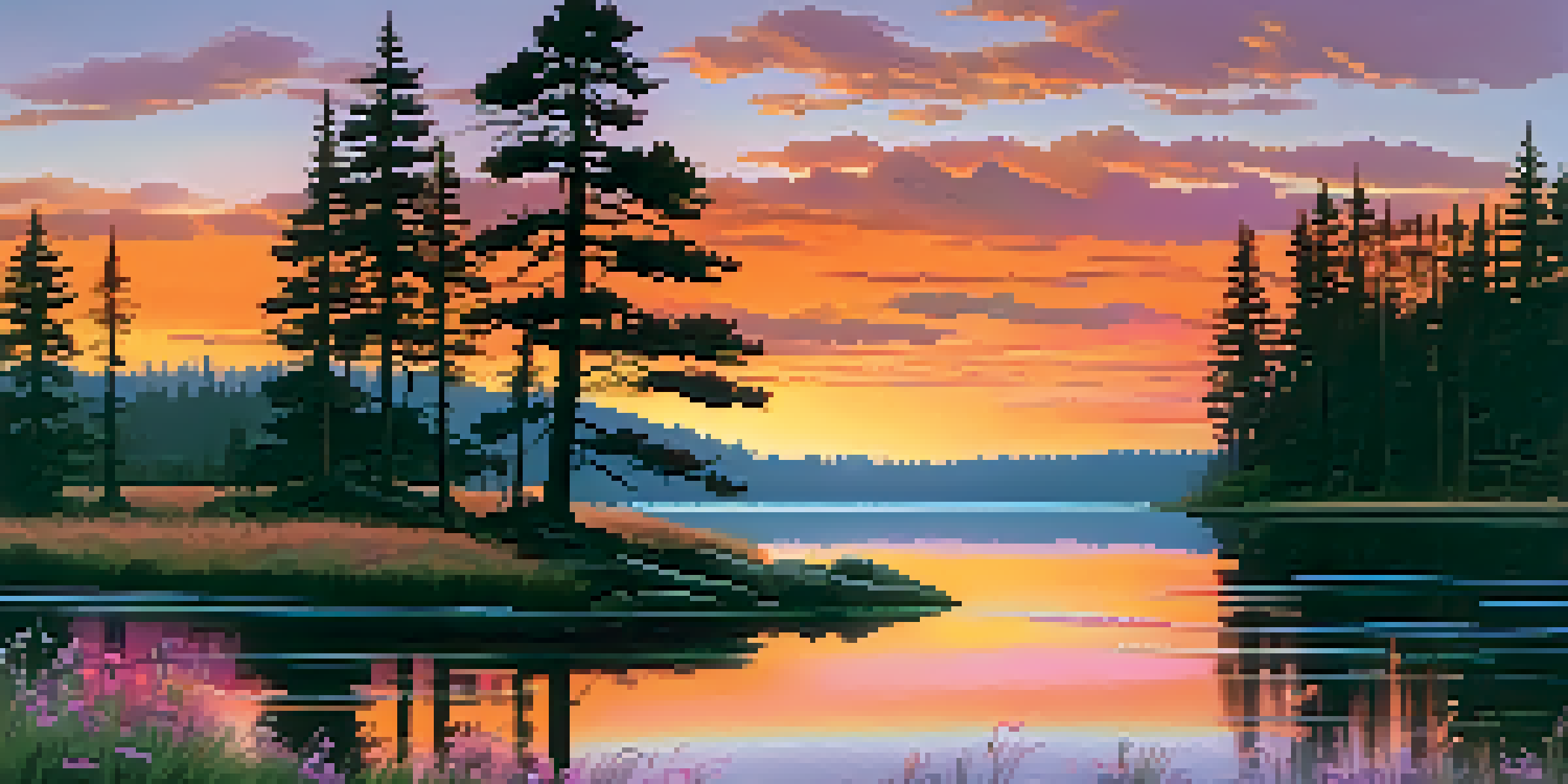 A peaceful sunset over a calm lake with silhouettes of pine trees and colorful wildflowers in the foreground.