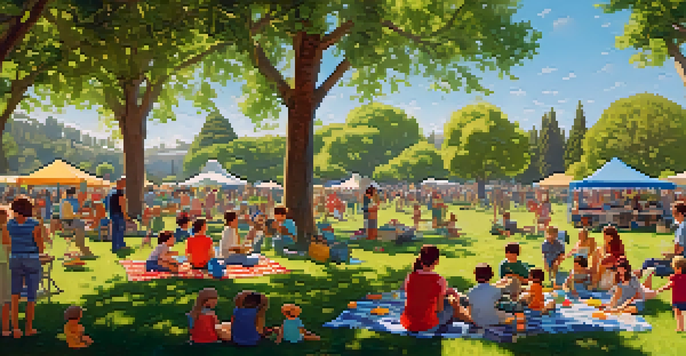 Families enjoying a lively picnic in the park, with children playing games and a band performing in the background.