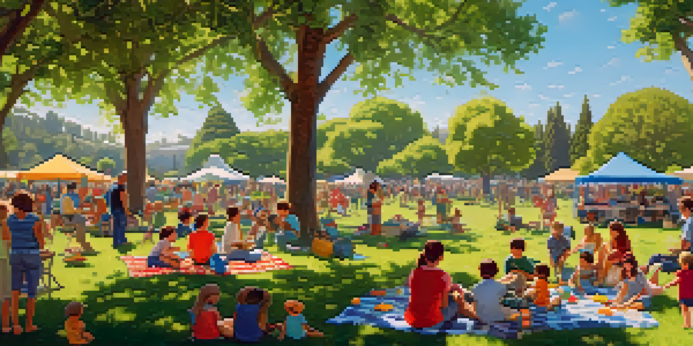 Families enjoying a lively picnic in the park, with children playing games and a band performing in the background.