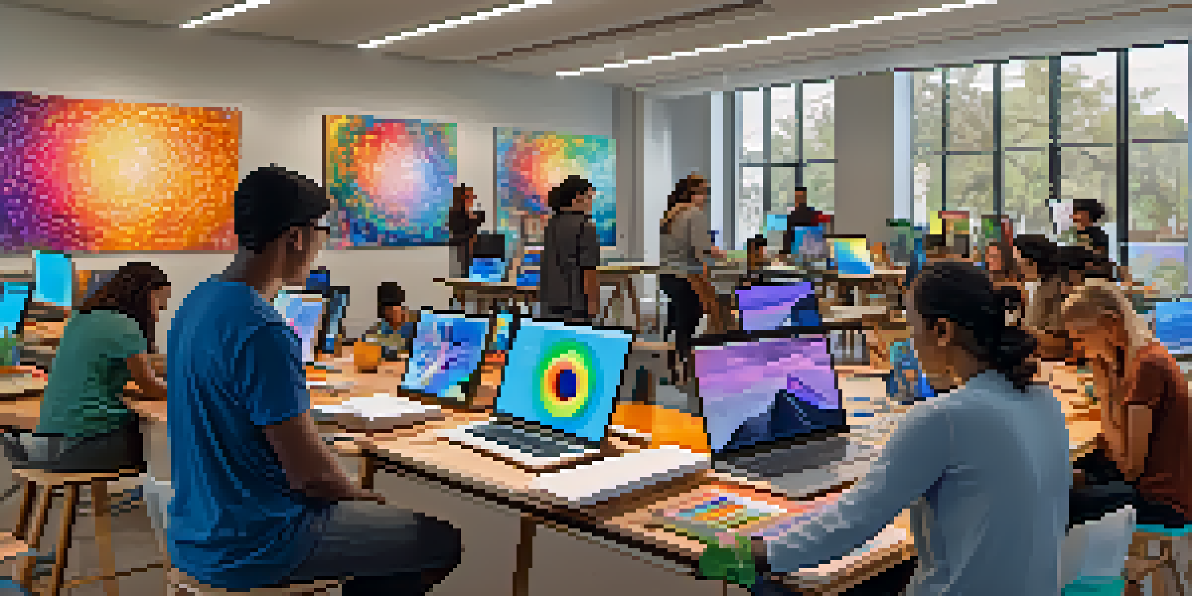 A lively workshop with diverse participants creating digital art, with colorful supplies and a warm atmosphere.