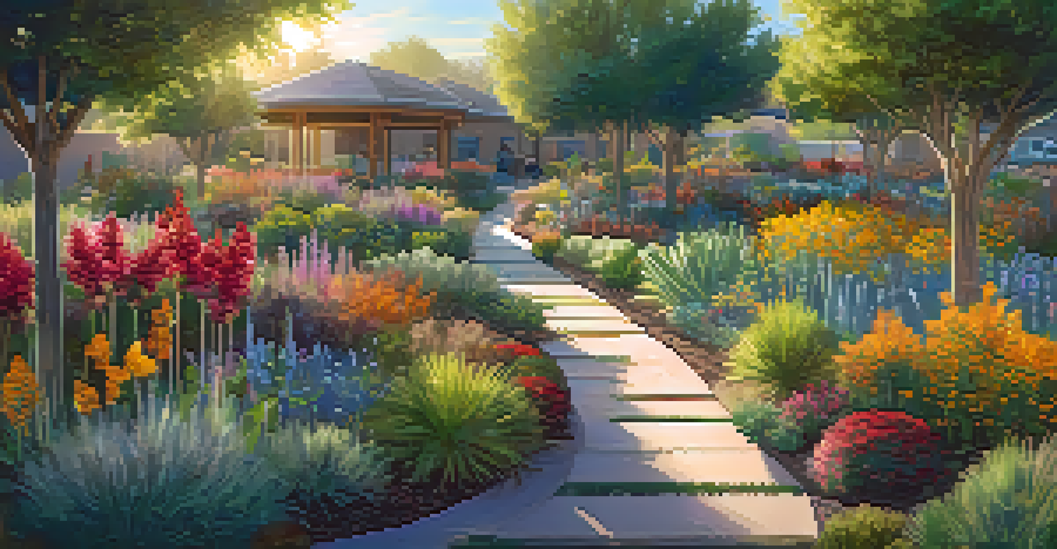 A community garden with smart irrigation systems and diverse native plants, illuminated by golden hour light.