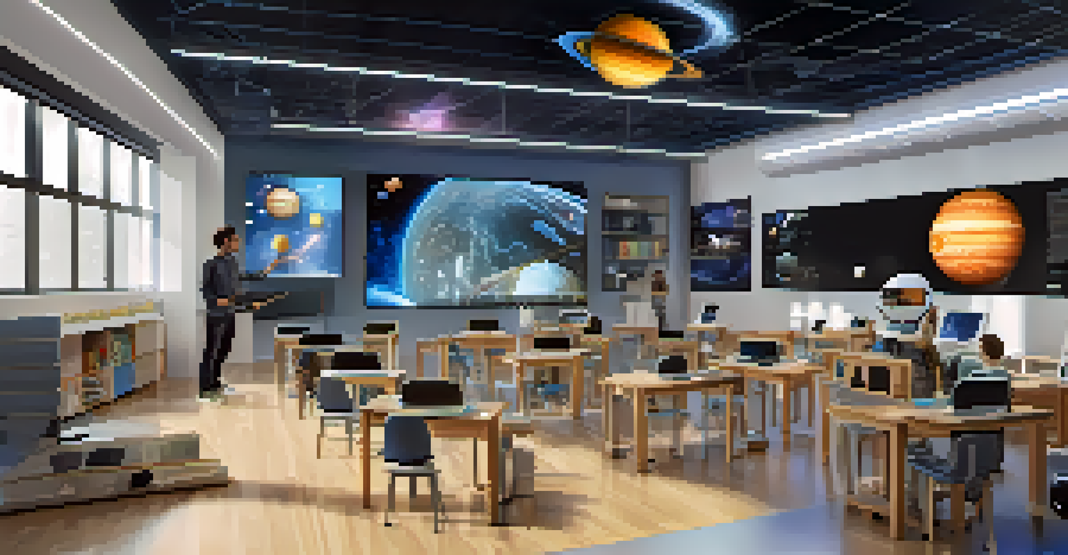 Students using virtual reality headsets in a modern classroom to explore a 3D solar system model.