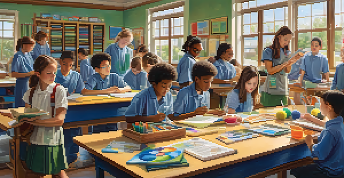 A diverse group of students in a bright classroom engaged in a science experiment, with educational materials around them.