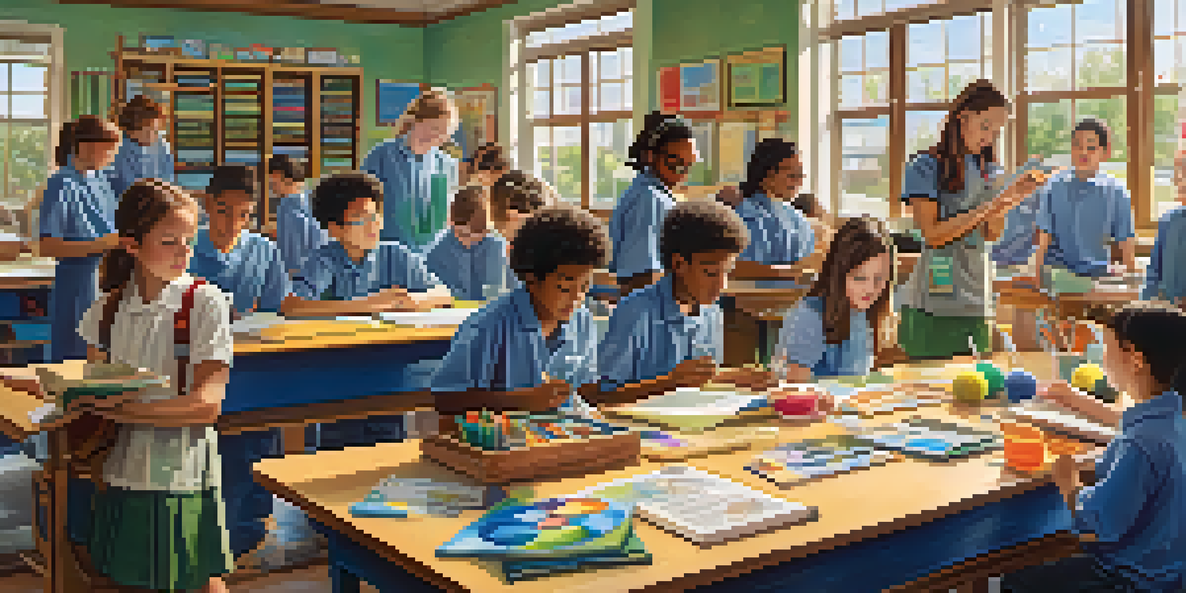 A diverse group of students in a bright classroom engaged in a science experiment, with educational materials around them.