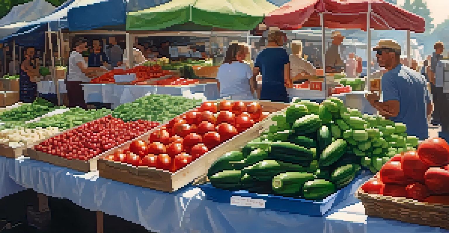 A vendor's stall at a summer farmers' market displaying fresh produce, cheeses, and baked goods under warm sunlight.