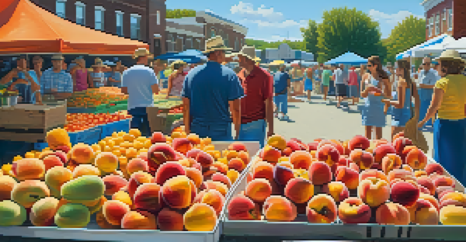 A bustling summer farmers market with juicy peaches, sweet corn, and heirloom tomatoes, and families enjoying the sunny day.