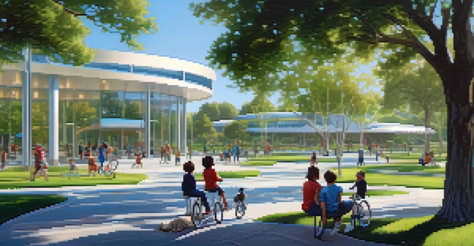 A scenic view of Cupertino with families enjoying the outdoors and modern tech buildings in the background.