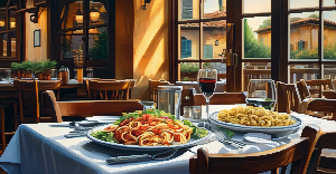A warm Italian restaurant table set with colorful dishes of pasta, pizza, and salad, illuminated by soft sunlight.