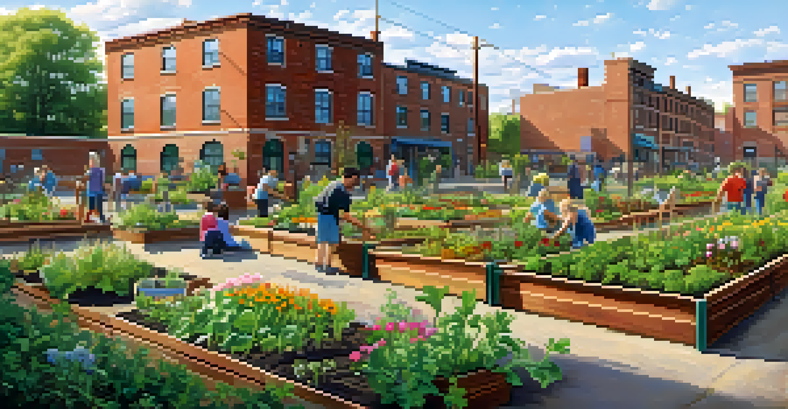 A community garden on a former industrial site with residents planting and tending to flowers and vegetables, with sunlight illuminating the scene.