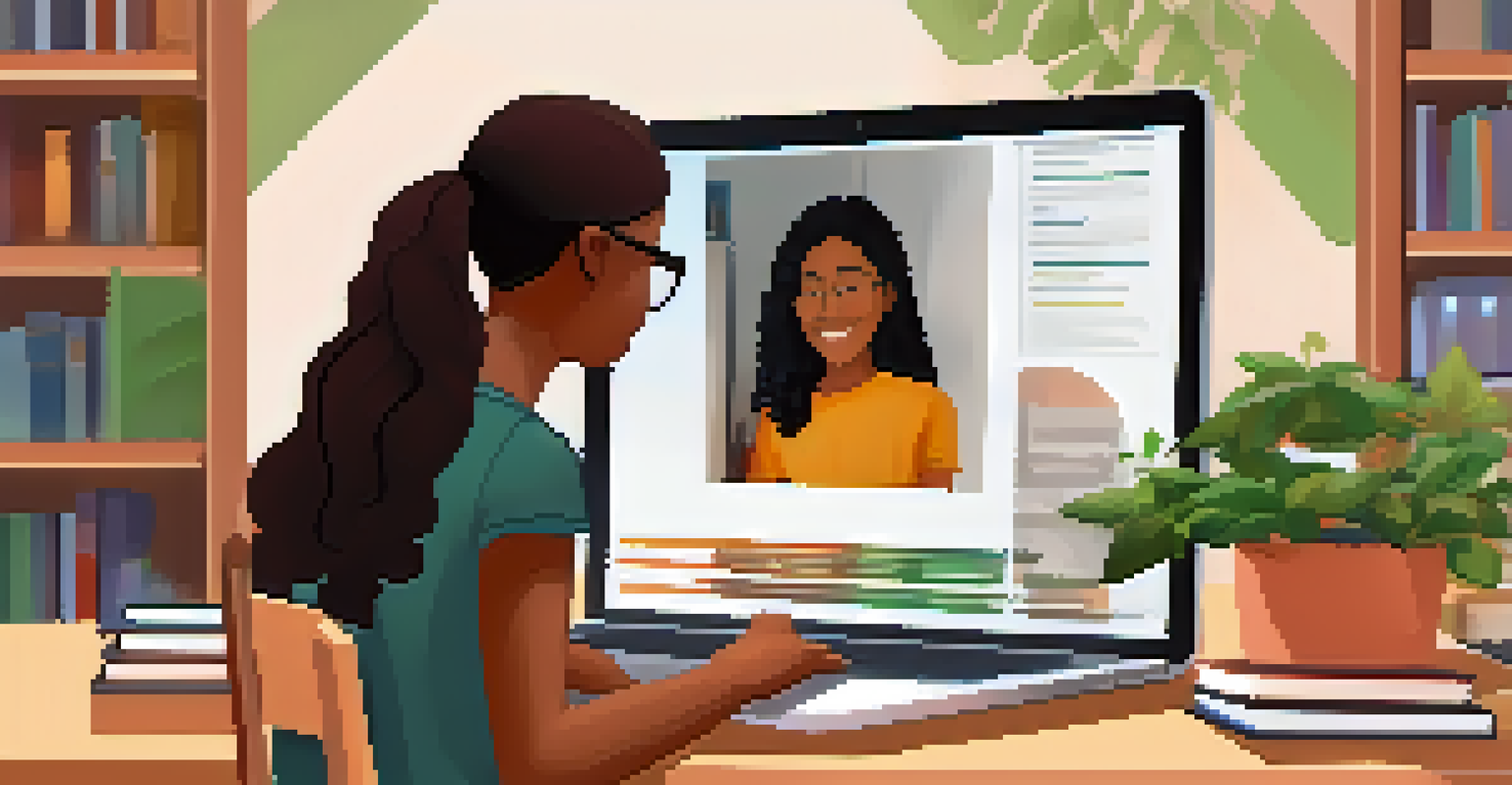 A close-up of hands on a laptop during a virtual mentorship session, with a warm and inviting background.