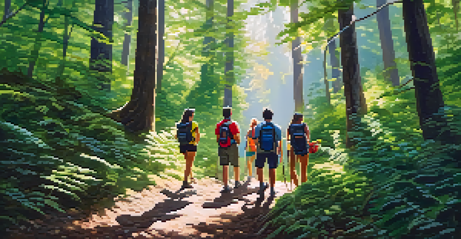 A group of friends taking a break during a fun outdoor hike in a scenic forest, surrounded by greenery.