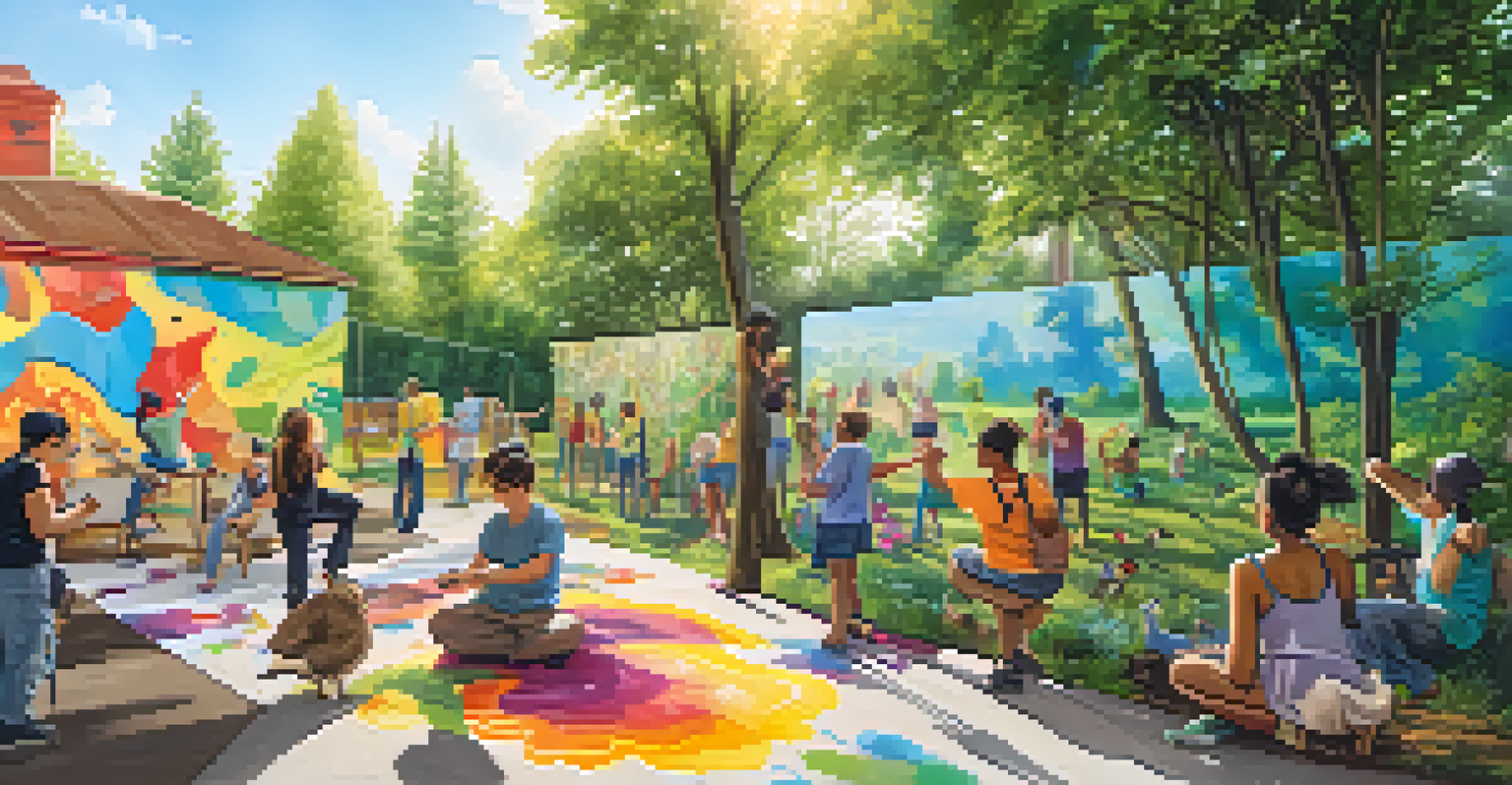 Community members collaboratively painting a large mural depicting a lush landscape, filled with vibrant colors and laughter in an outdoor workshop.