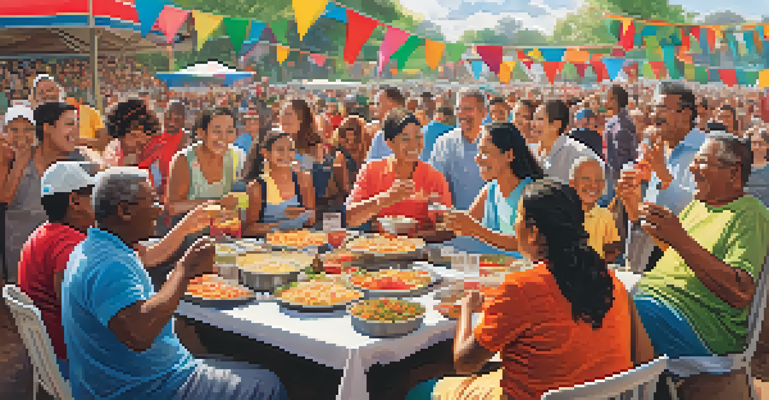Families and friends enjoying traditional food and celebrating together at a local sports event, surrounded by colorful banners.