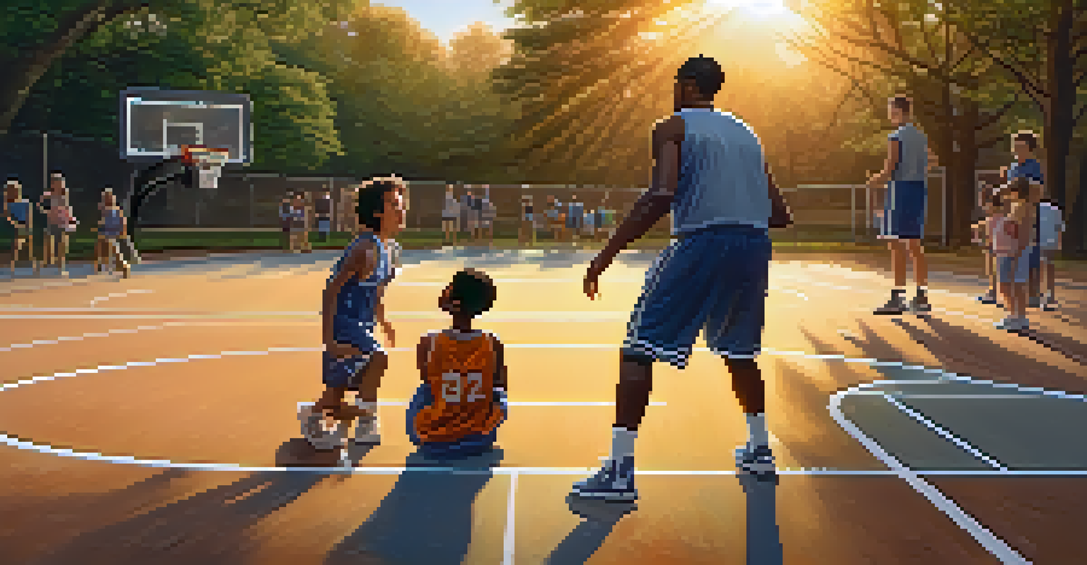 A young athlete practicing basketball with a mentor on a sunlit court, surrounded by cheering parents and trees.