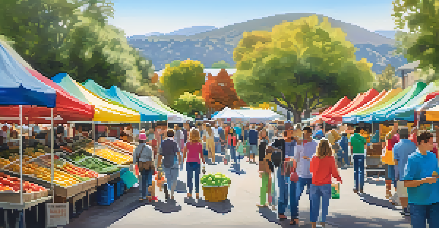 A lively farmers market with fresh produce stalls and families enjoying activities like face painting.
