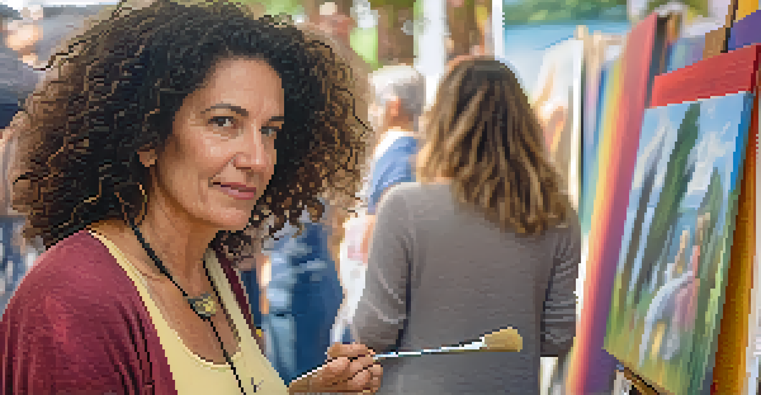 A local artist painting a landscape at an art festival, surrounded by her artworks in soft afternoon light.