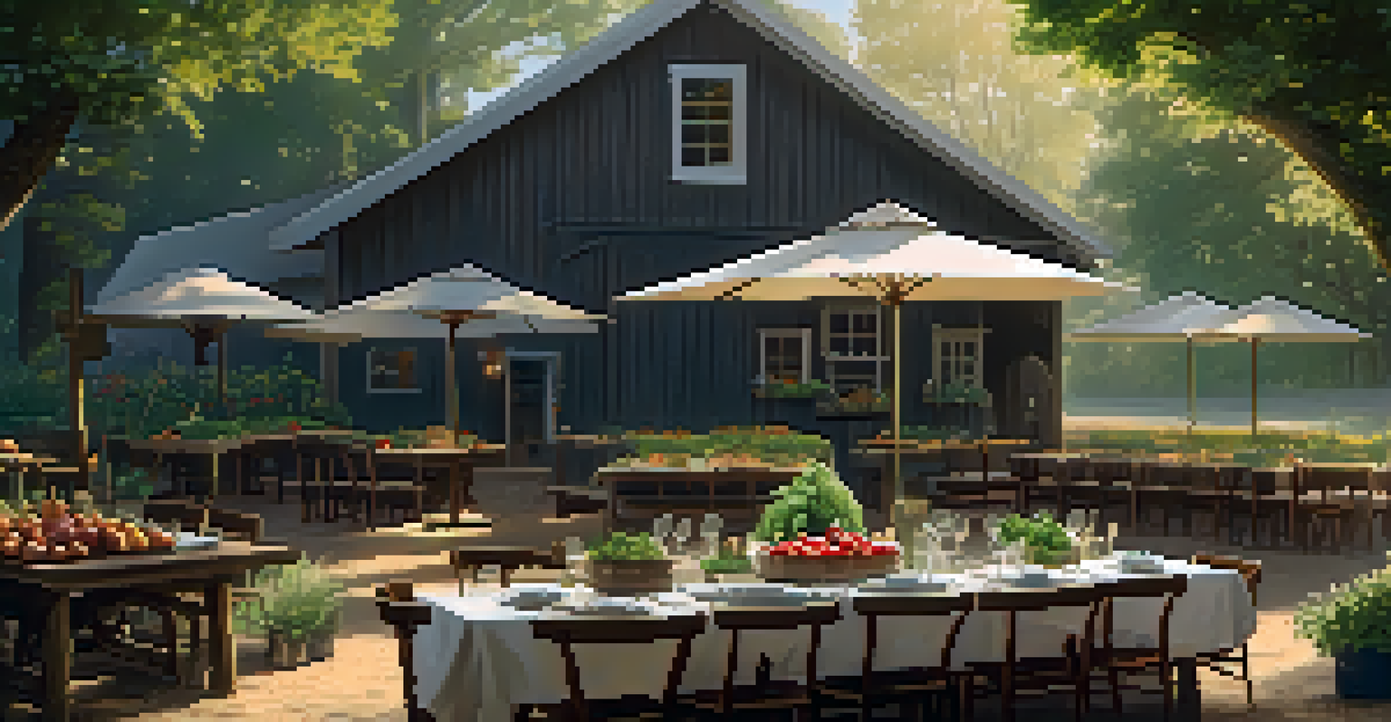 A rustic outdoor table set for a farm-to-table meal, surrounded by fresh produce and natural sunlight filtering through trees.