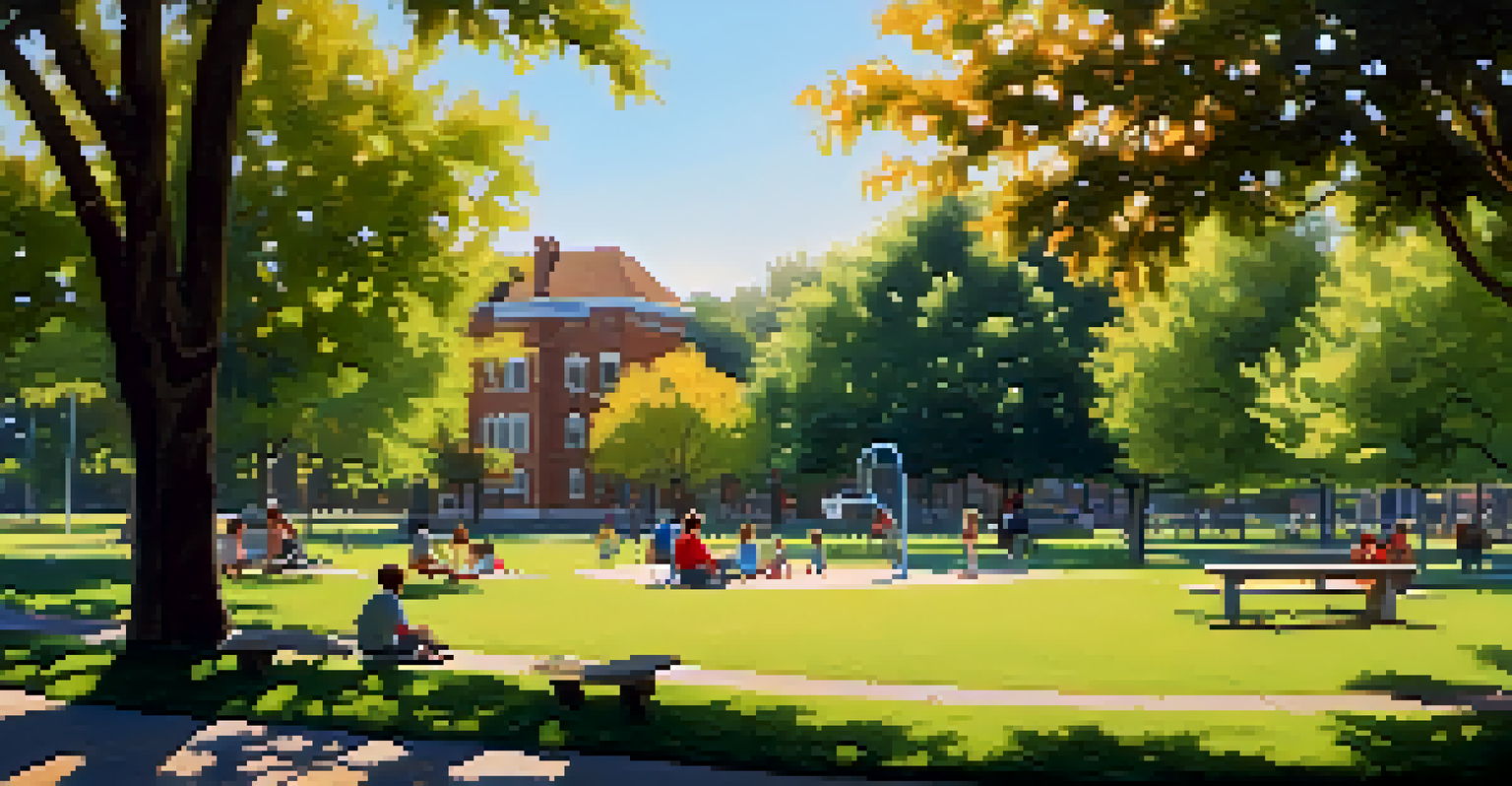 A tranquil picnic scene at Lynbrook Park, featuring shaded trees, children playing, and a basketball court.