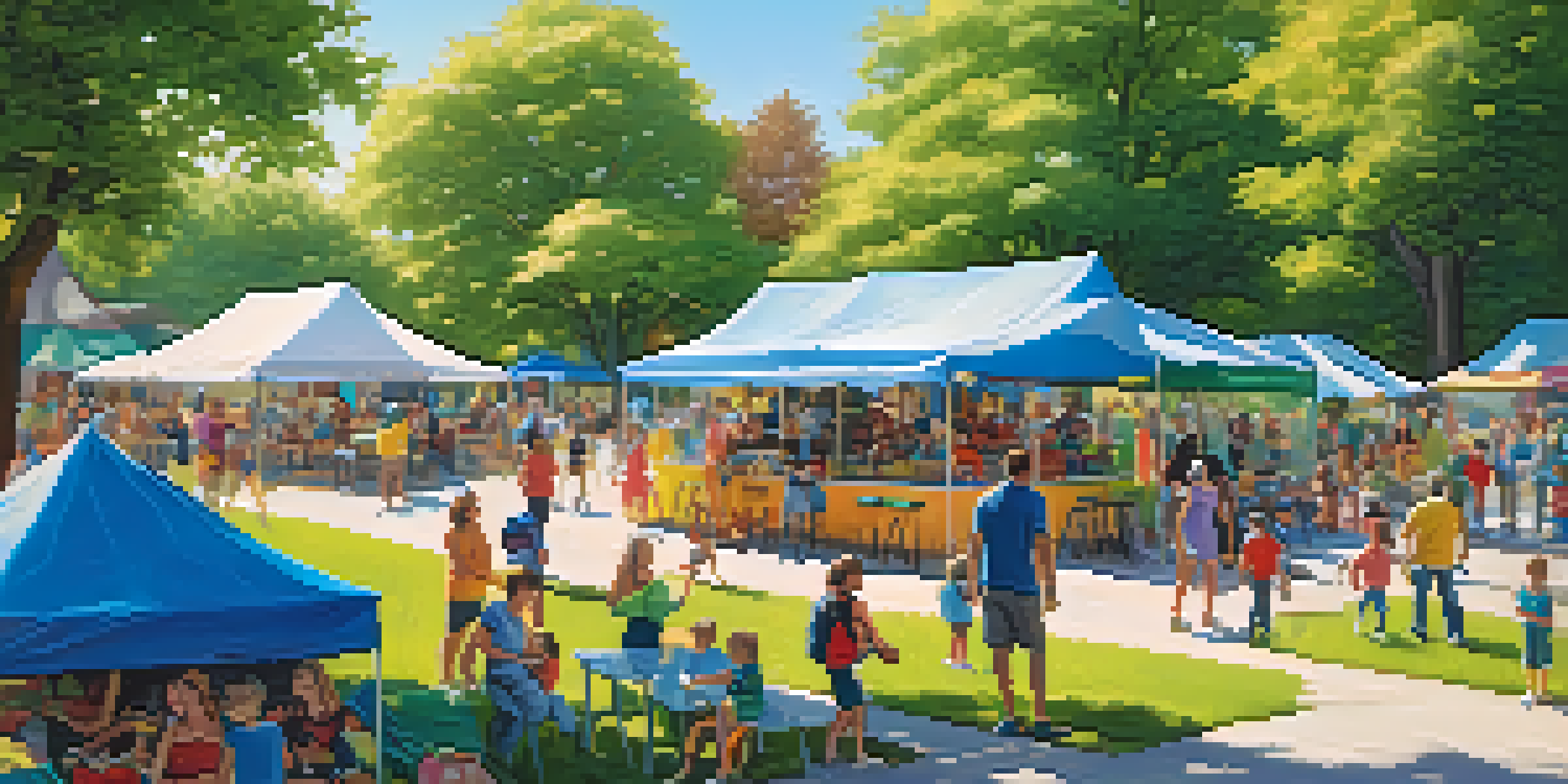 A lively park scene with families enjoying activities during a Family Fun Day, featuring children getting face paint and food trucks.