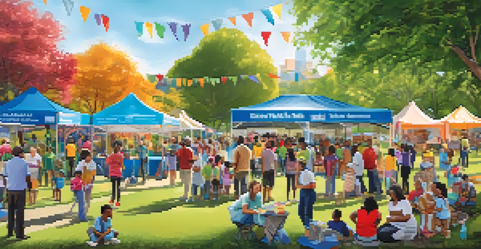 A lively community health fair in a sunny park with health professionals at booths, families interacting, children playing, and colorful banners promoting health.