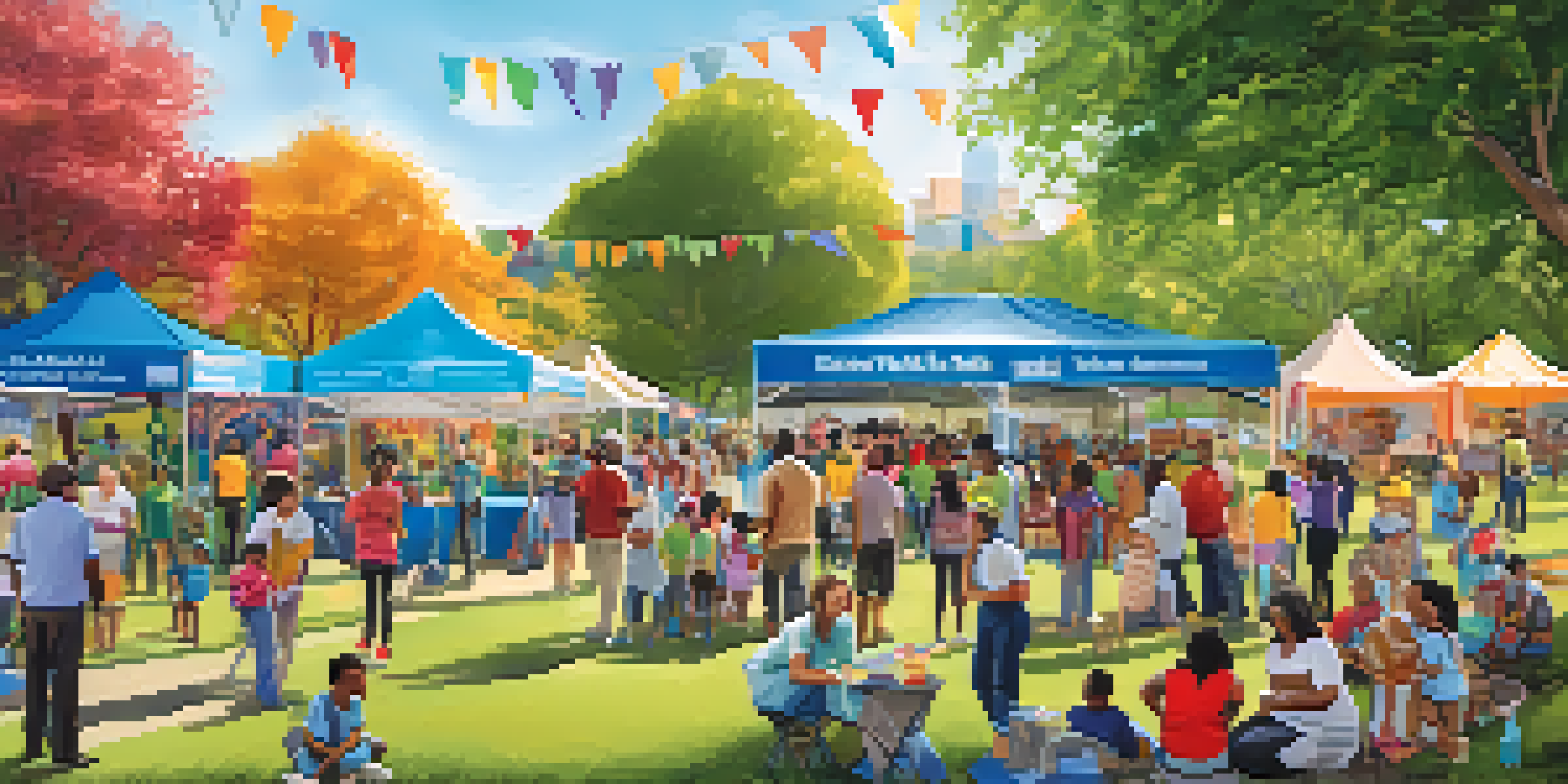 A lively community health fair in a sunny park with health professionals at booths, families interacting, children playing, and colorful banners promoting health.