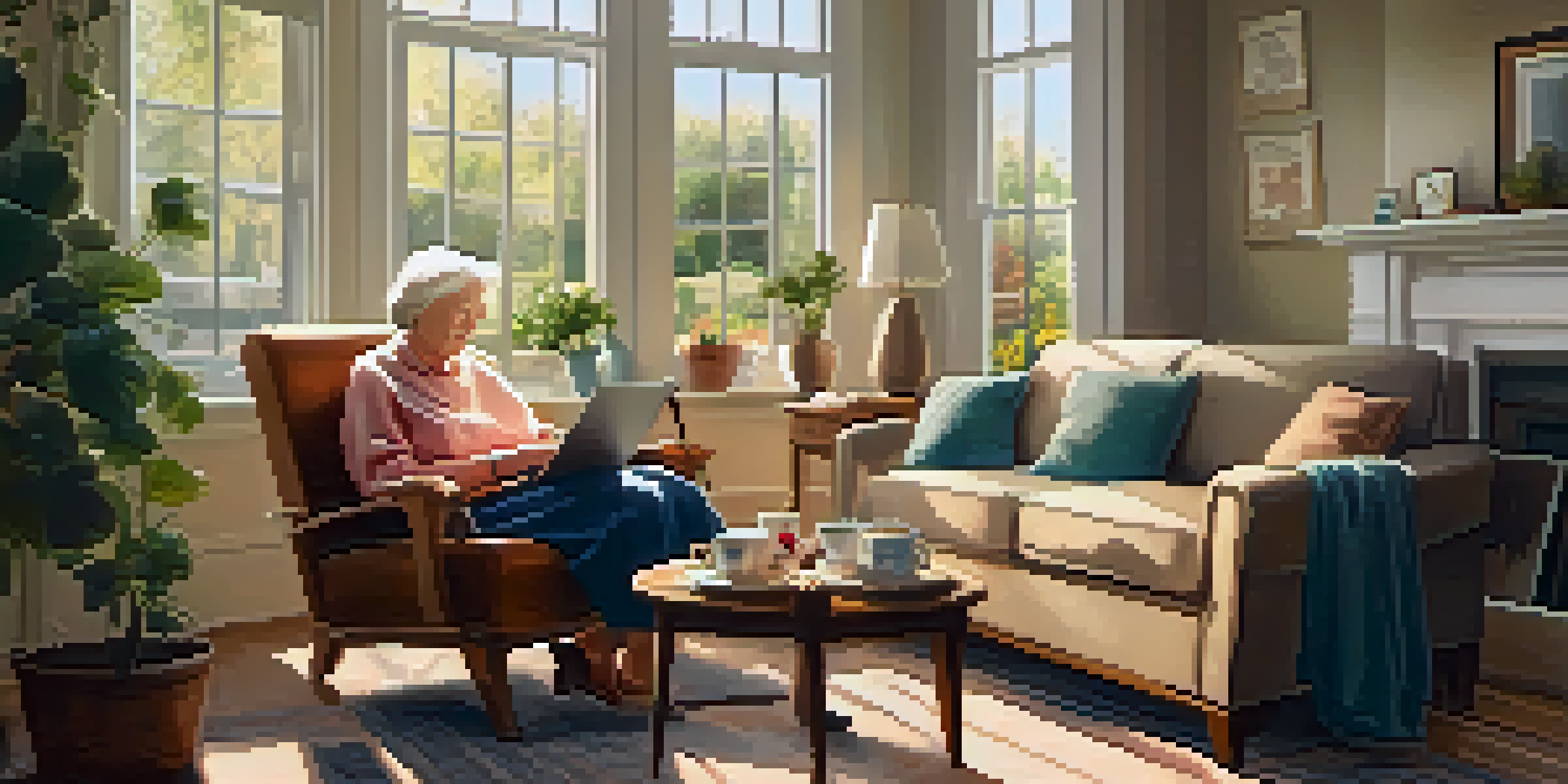 A senior woman sitting in a cozy living room, using a tablet to video chat with family, surrounded by family photos and sunlight.