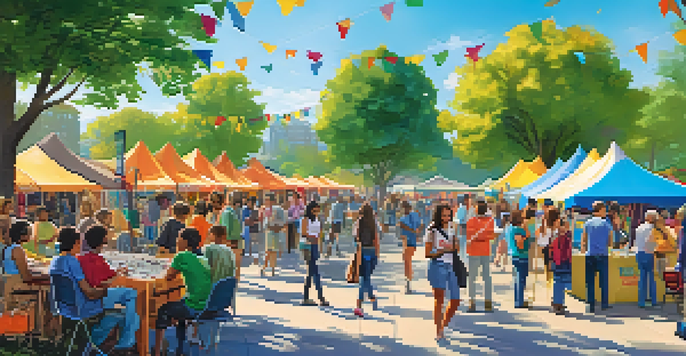 A lively tech fair with people of various ages interacting with technology and each other in a sunny park.