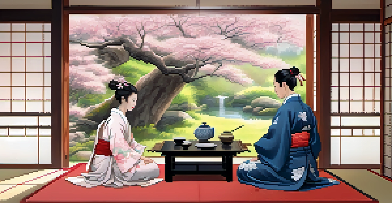 A peaceful Japanese tea ceremony with a Cupertino resident and a host in a traditional setting.