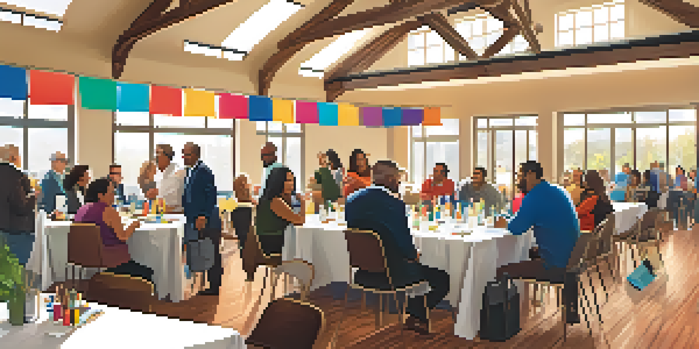 A lively networking event showcasing diverse entrepreneurs engaged in discussions, with colorful decorations and warm lighting.