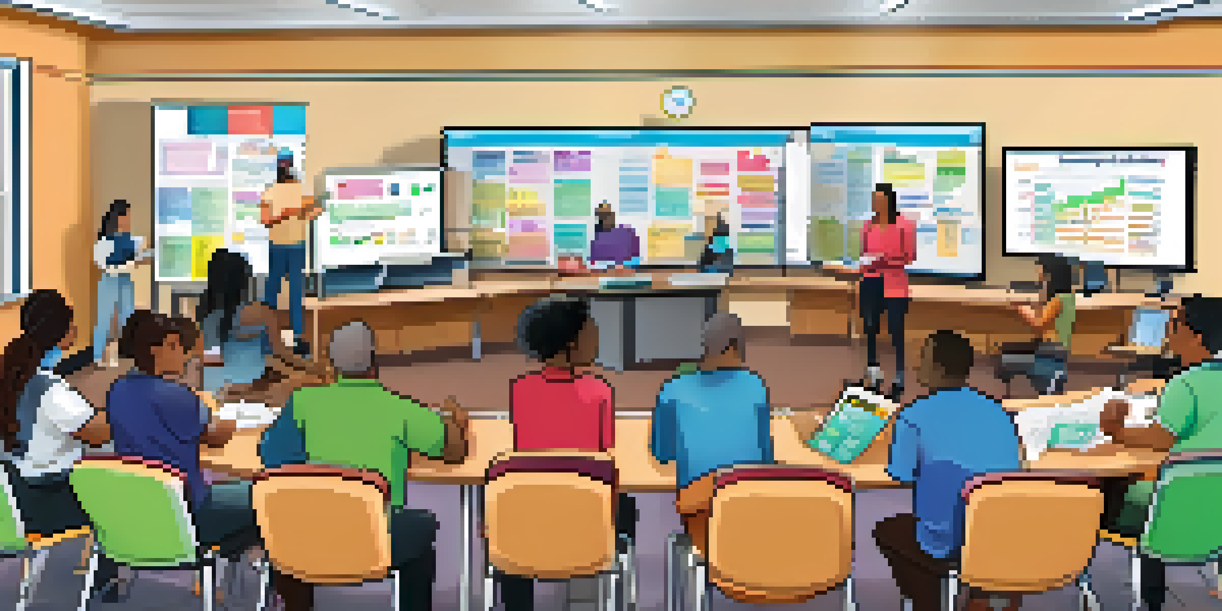 A diverse group of participants engaged in a financial literacy workshop at a library, surrounded by bright natural light and educational materials.