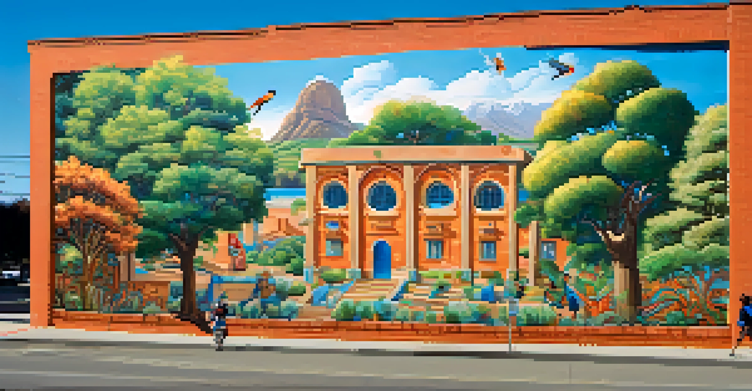A colorful mural on a brick wall in Cupertino, featuring cultural symbols and nature elements under a clear blue sky.