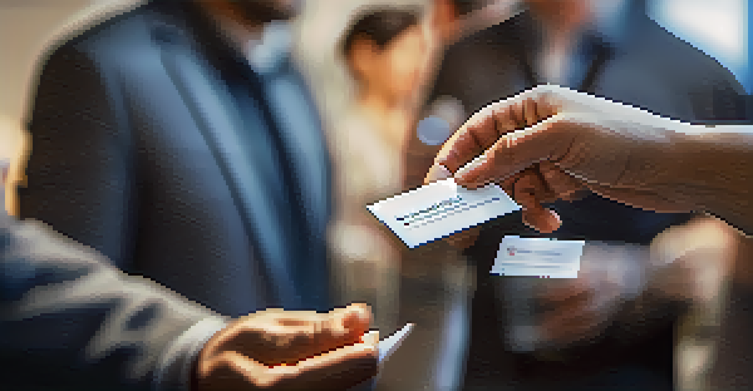 Two entrepreneurs exchanging business cards at a networking event, with a focus on their hands and the cards.