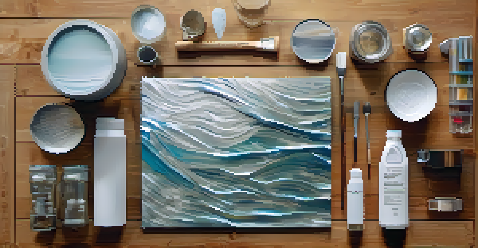 A flat lay of innovative sustainable materials like recycled aluminum and bioplastics on a wooden table, illuminated by natural light.