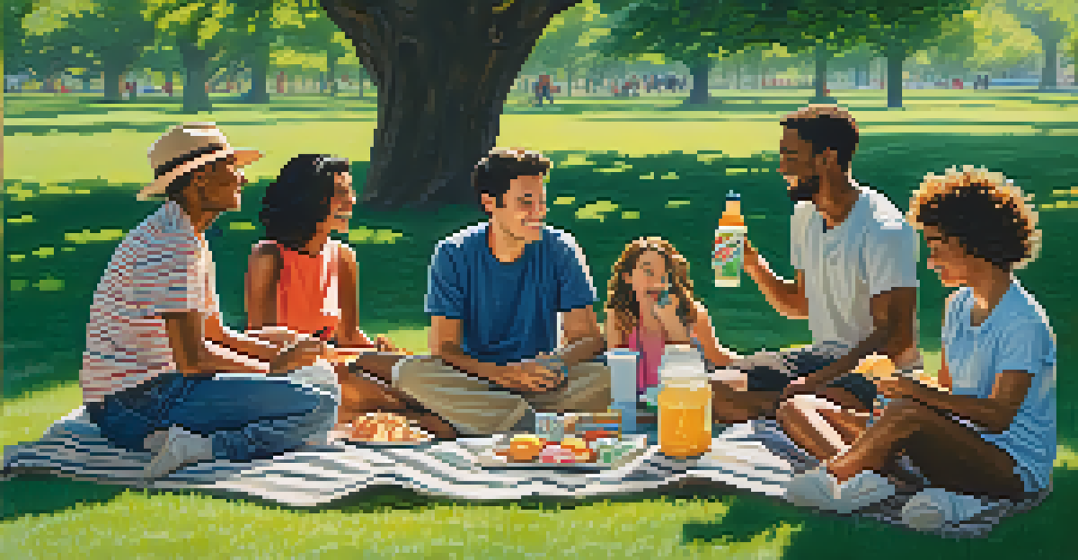 A small group of diverse individuals gathered in a park, sharing stories and laughing together on a picnic blanket.