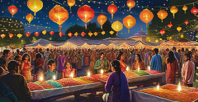 A lively Diwali Festival scene with colorful lights, diverse people celebrating, traditional dance performances, and food stalls offering various dishes.