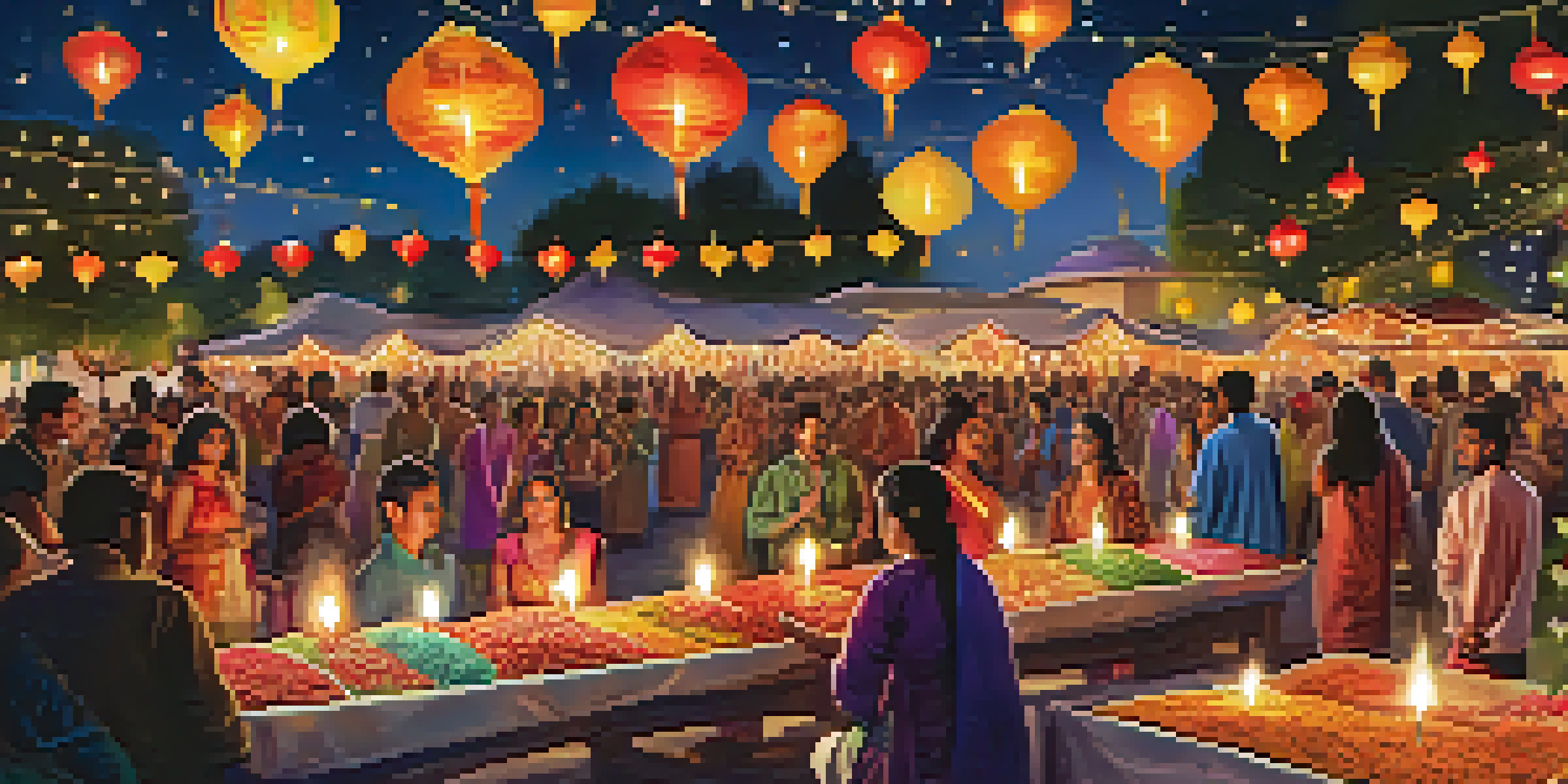 A lively Diwali Festival scene with colorful lights, diverse people celebrating, traditional dance performances, and food stalls offering various dishes.
