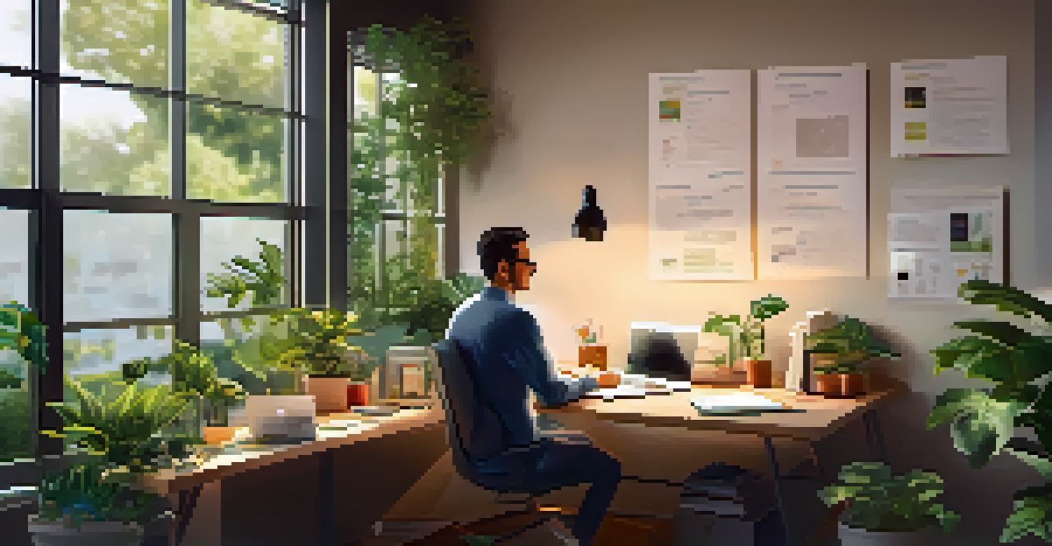 An entrepreneur working on a grant application at a desk in a cozy Cupertino office, with plants and soft lighting.