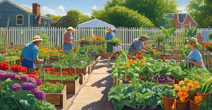 A lively community garden with people tending to colorful flowers and vegetables under a clear blue sky.