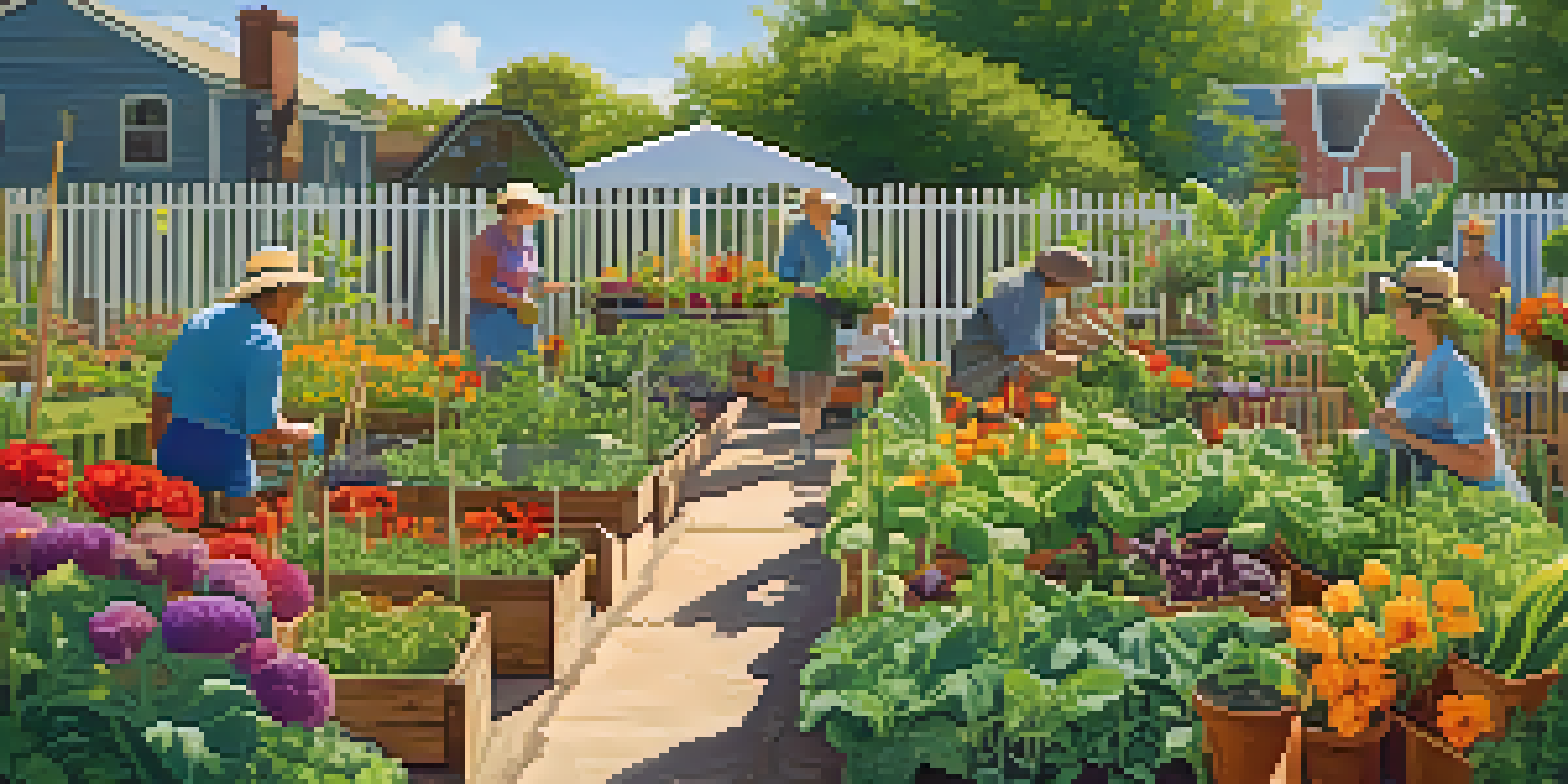 A lively community garden with people tending to colorful flowers and vegetables under a clear blue sky.