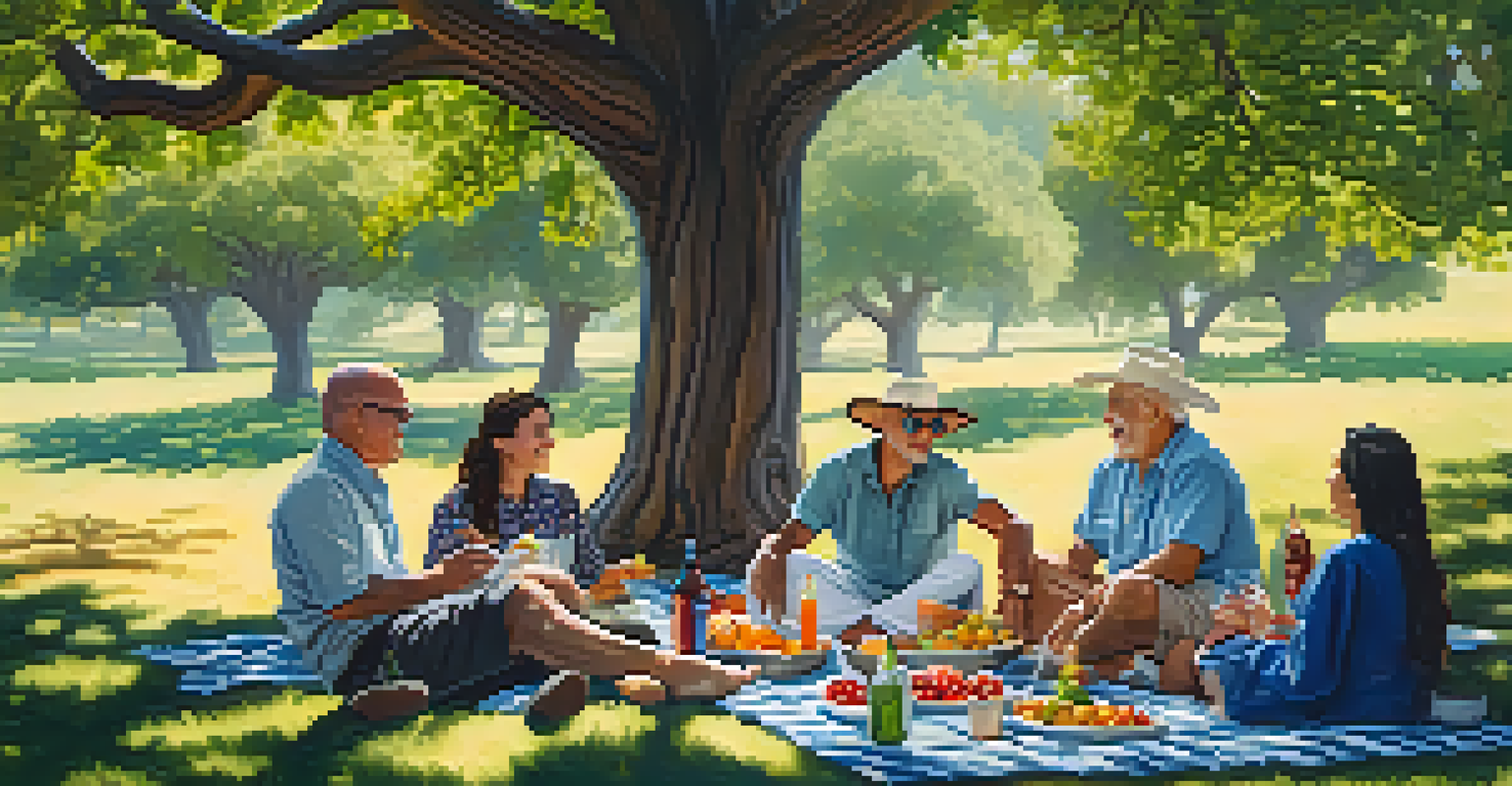 Seniors having a joyful picnic under a large oak tree in a beautiful park setting.