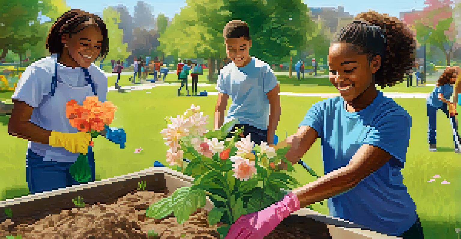 Diverse students working together on a community clean-up in a sunny park, gathering litter and planting flowers.