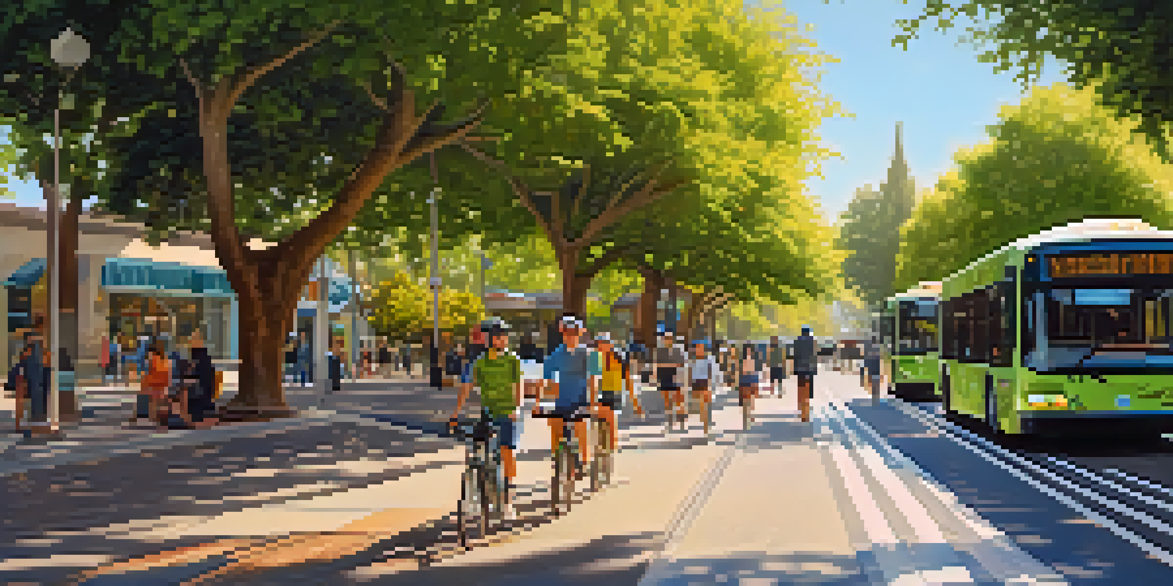 A lively city street in Cupertino featuring electric buses, cyclists in bike lanes, and pedestrians on wide sidewalks, all under bright sunlight and surrounded by greenery.
